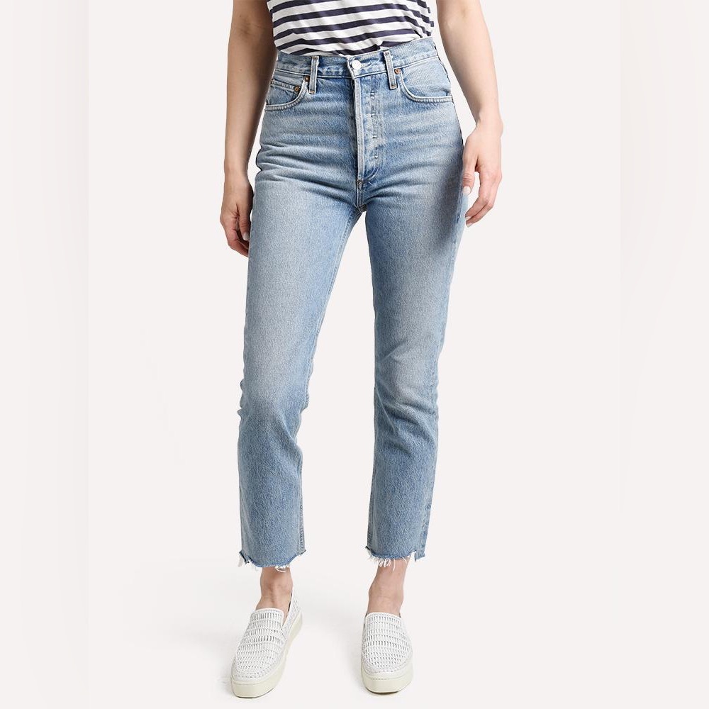Agolde Sz 32 Riley Light Wash Blue Straight Cropped Raw Hem Jeans